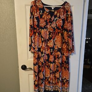 Charter Club Navy and Orange Mid Sleeve Dress